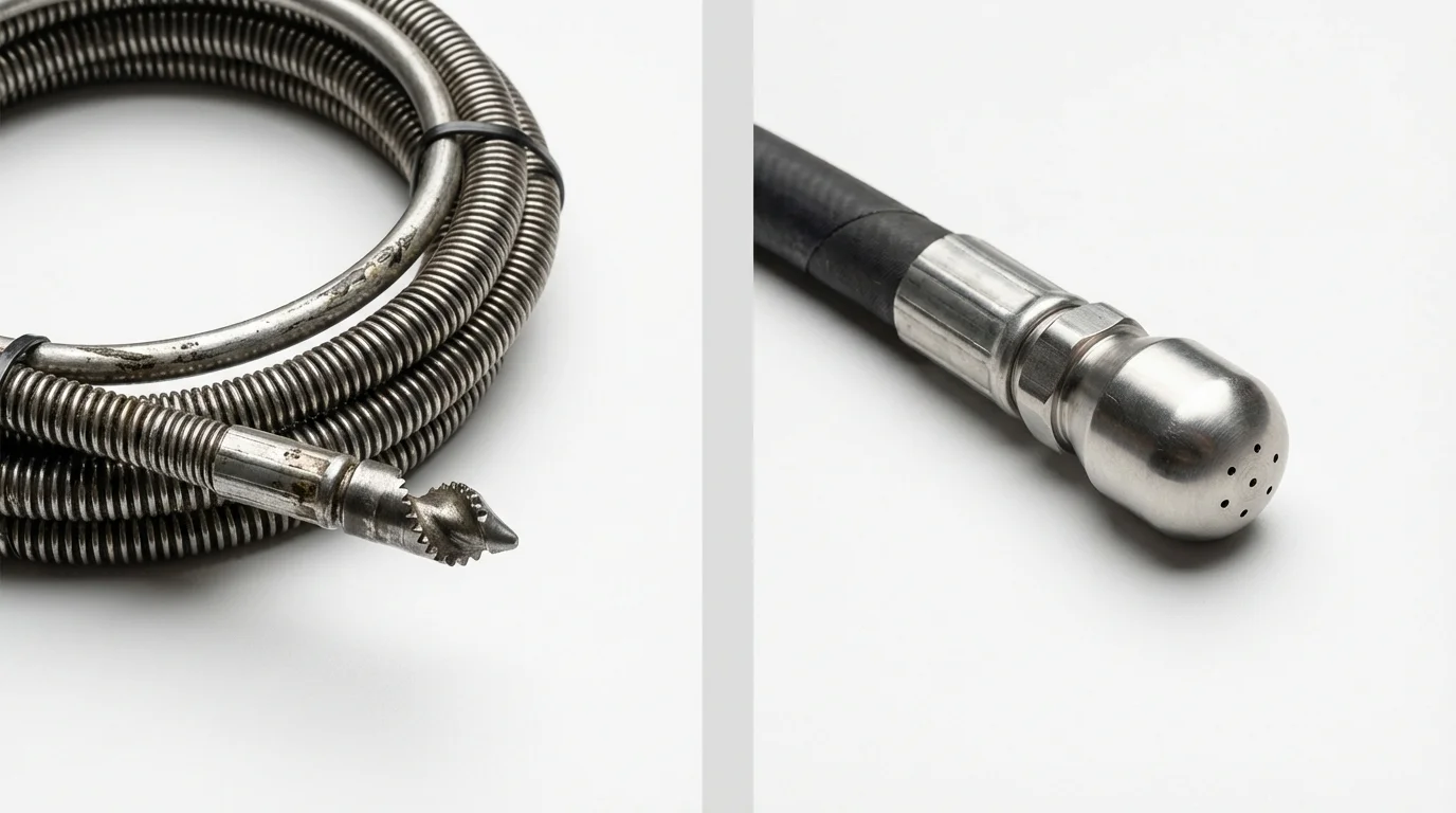Drain snake cable and hydro jetting nozzle used for drain cleaning in Livermore, ME