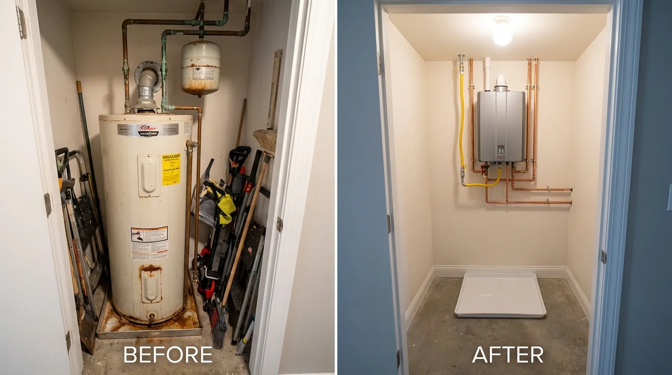 Tank water heater versus wall-mounted tankless unit comparison for Livermore, ME homeowners