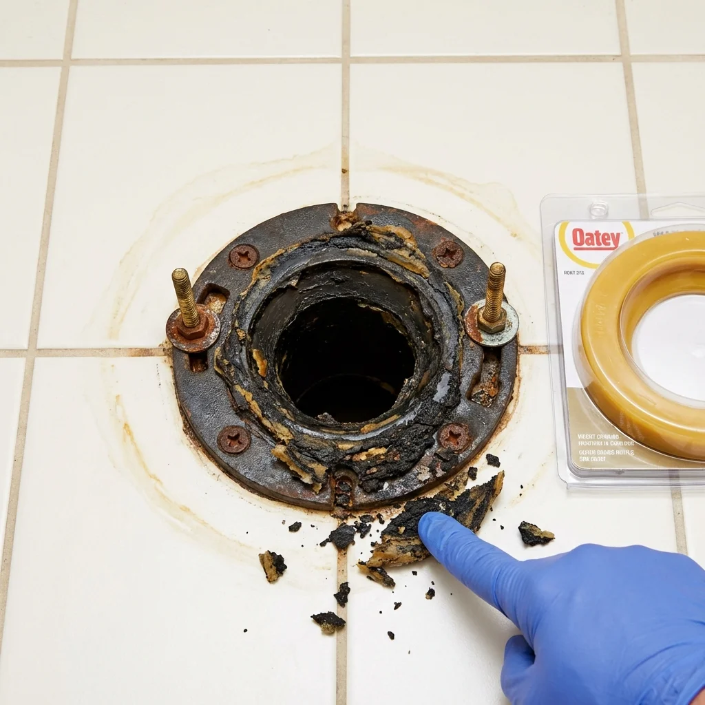 Failed wax ring showing water seepage at the base of a toilet in a Livermore, ME home