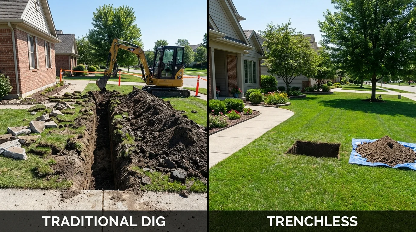 Trenchless sewer repair with minimal yard damage versus traditional excavation in Livermore, ME